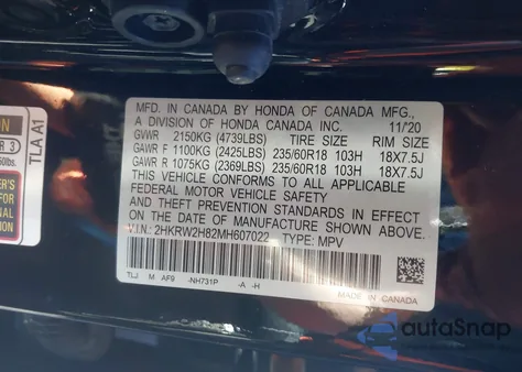 2021 Honda Cr-V Awd Ex-L from USA, damaged, VIN 2HKRW2H82MH607022